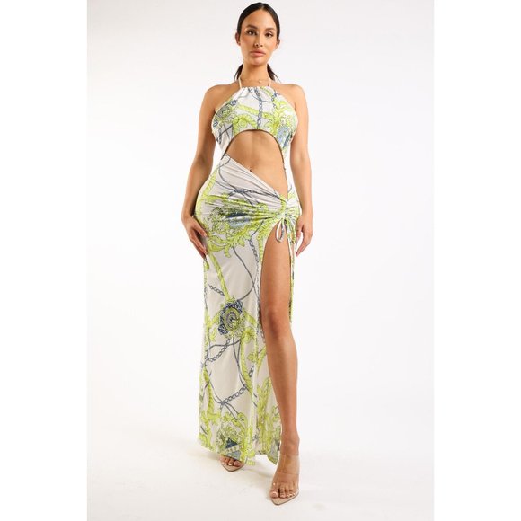 Women's Printed Halter Long Maxi Dress Strappy Sleeve Cut Out Front Sexy Cute - Picture 2 of 10